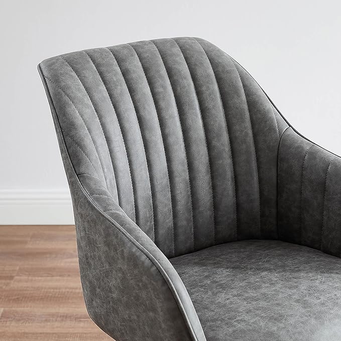 Art Leon Office Chair No Wheels Mid Century Modern Desk Chair Swivel Accent Chair with Oak Wood Legs Faux Leather Upholstered Armchair for Desk Gray
