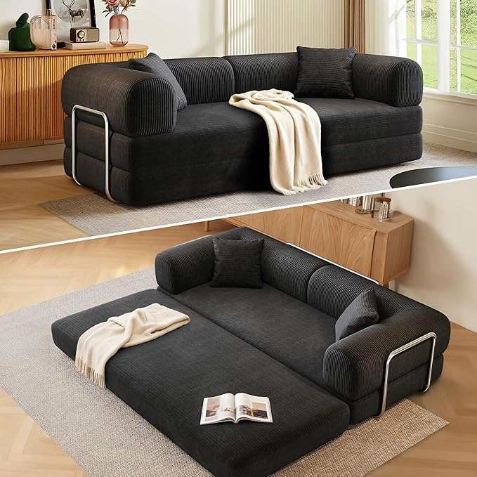 78.5'' Convertible Folding Sofa Bed – 4-in-1 Modular Floor Couch Corduroy Small Cloud Couch Compressed Foldable Sleeper Sofa King Size Futon for Bedroom Guest Room (Black-02)