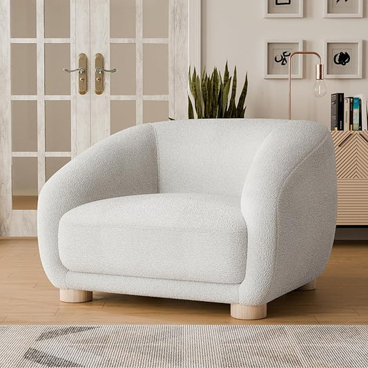 Furniture of America Amara Modern Boucle Arm Chair with Sloped Armrests and High Density Foam Wooden Comfortable Couch for Living Room Office Oeko TEX Certified White