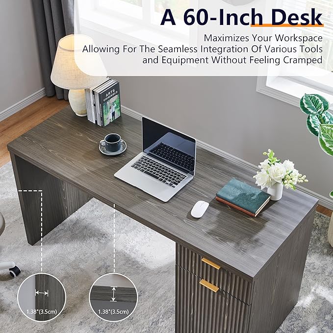 JXQTLINGMU 60 Modern Executive Desk with Storage Wood Home Office Desk with Drawer &amp Cabinet Fluted Computer Writing Desk for Study Living Room Bedroom Grayish Green