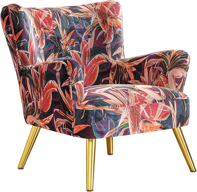 BELLEZE Modern Accent Chair High Back Floral Pattern Armchair with Metal Legs Upholstered Wingback Single Chair for Living Room Bedroom Office [Set of 2] - Holland (Red Floral)