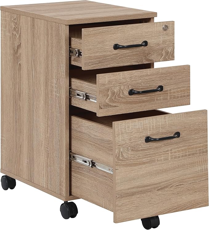 OSP Home Furnishings Ace 3-Drawer Mobile File Cabinet Full Extension Slides Key Lock System Rolling Casters 26.75x19x14 Inches River Oak Wood Finish