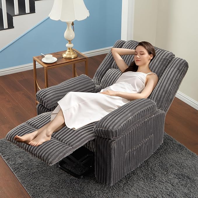 Garvee Corduroy Recliner Chair Manual Recliner Sofa with Handle Pillow Top Arms Thick Padding Side Pocket 330Lbs Capacity Adjustable Recliner for Living Room Bedroom Home Theater Dark Gray