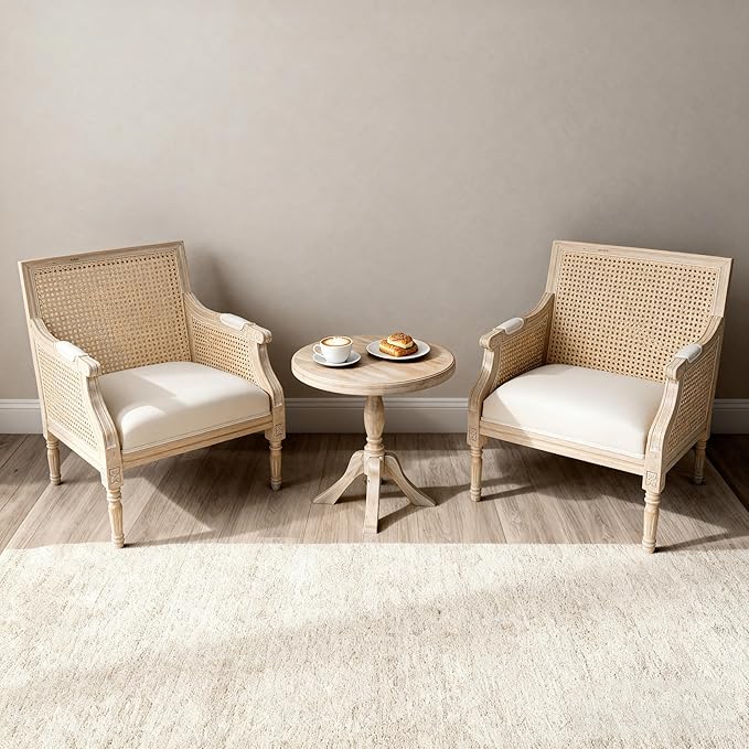 French Accent Chair(Singel) Upholstered Armchair with Vintage Rattan Hollow-Out Back and Solid Rubberwood FrameReading Chair for Living Room Bedroom Farmhouse Balcony Home Office Beige