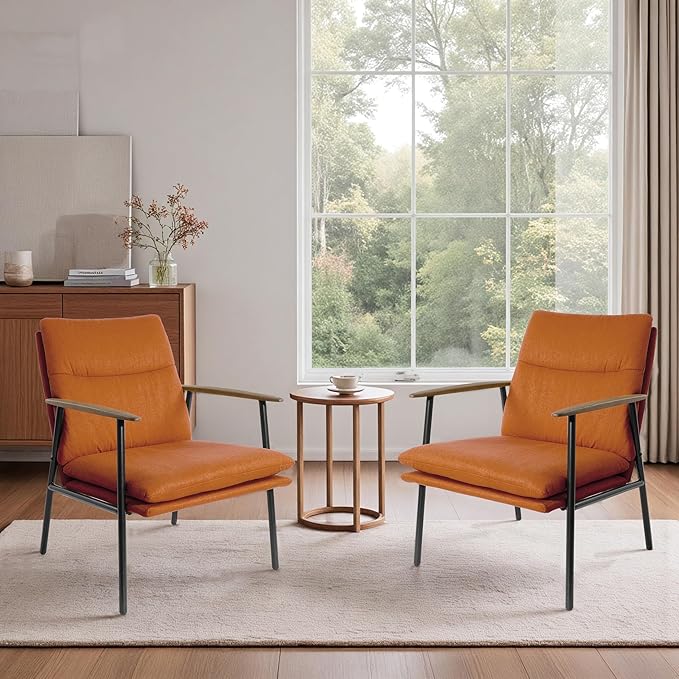Zouron Upholstered Accent Chair with Metal Frame Modern Living Room Reading Chair with Wooden Armrests and Cushion Back Caramel
