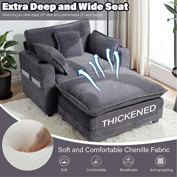 Corduroy Oversized Chair with Seat Pad - 44 Wide King Comfortable Chair and Seat Cover Set Modern Single Sofa Armrest with USB Port and Cup Holder Living Room Cloud Lounger (Grey)
