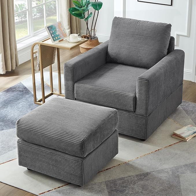 Aoiy &amp Wifon Accent Chair with Ottoman Upholstered Reading Chair with Ottoman Comfy Armchair with Wooden Legs Corduroy Grey