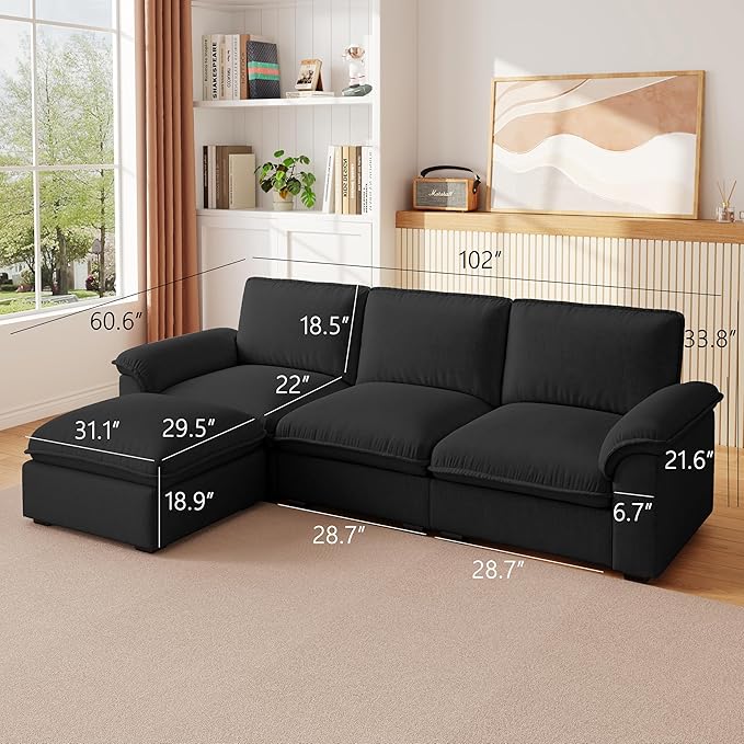 KEIKI 102 3Seat Modular Sectional Velvet Sofa Couch with Chaise Memory Foam for Urban Loft Small Space Style Conscious Urban Professionals Warm Inviting Comfy Supportive Premium Design Black