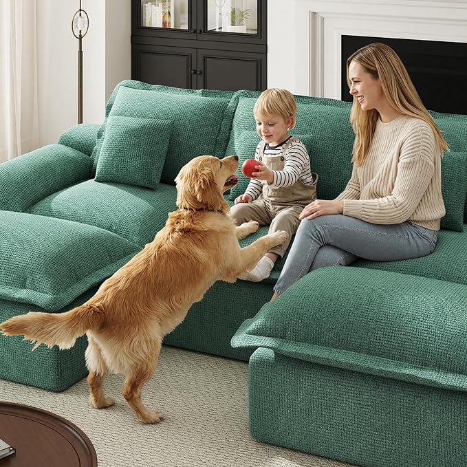 Modular Sectional Sofa 107'' Boneless Couches for Living Room 5-Seat Sofa with 2 Ottomans Cloud U Shaped Couch No Assembly Required Chenille Green