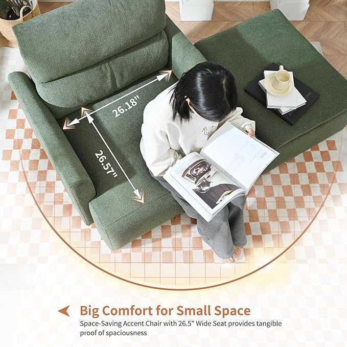 Snowflake Fleece Oversized Accent Chair with Storage Ottoman - 26.57 Wide Deep Seat Reading Chair Convertible Daybed 400lbs Capacity for Living Room &amp Apartment (Green)