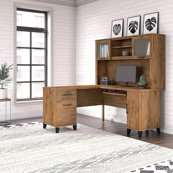 Bush Home Somerset 60W L Shaped Desk with Hutch in Fresh Walnut