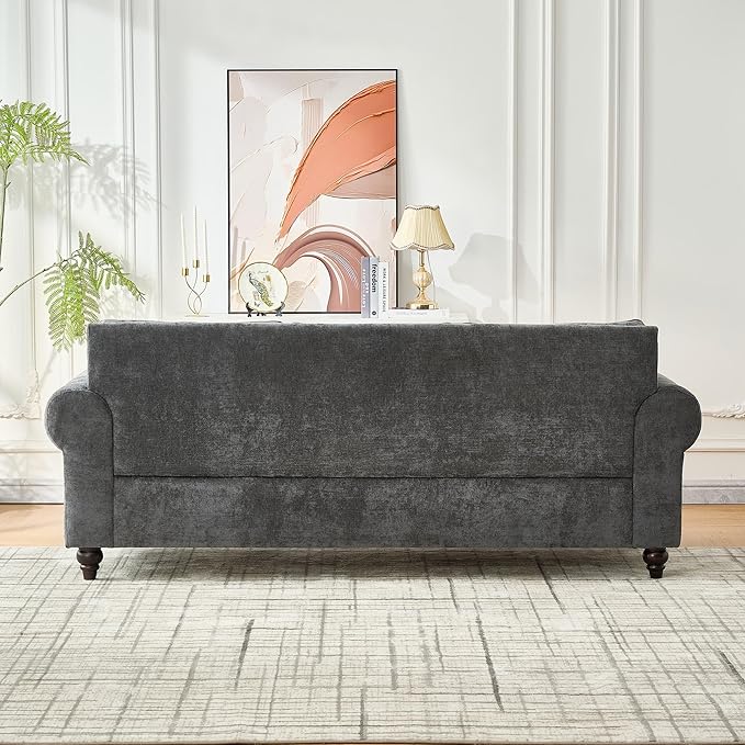 86.5 Chenille Sofa Couch 3-Seater | Modern Chesterfield Sofa with Traditional Rolled Arms Nailhead Trim &amp Solid Wood Frame | Living Room Upholstered Couch | Grey