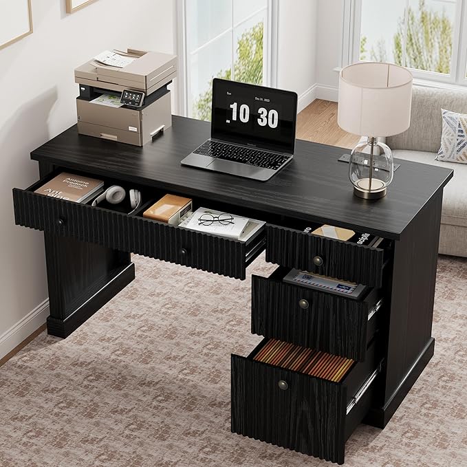 Garvee Fluted Home Office Desk Storage 54 Modern Executive Desk with Charging Station Wooden Computer Writing Desk with File Cabinet &amp Drawers for Study Living Room Bedroom
