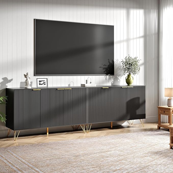 Fluted TV Stand for 100 Inch TVBlack TV Stands for Living RoomModern Entertainment Center with Storage CabinetsAdjustable Shelves &amp Gold HandlesWood Media Console for Living Room