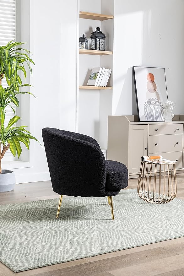 30.32 W Accent Chair Upholstered Curved Backrest Reading Chair Single Sofa Leisure Club Chair with Golden Adjustable Legs for Living Room Bedroom Dorm Room (Black Boucle)