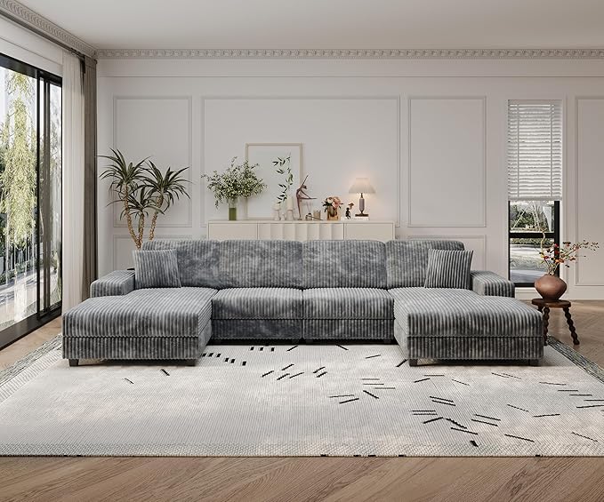 137” Oversized Corduroy Sectional Sleeper Sofa with Double Storage Chaise U Shaped 4 Seat Sectional CouchDark Gray