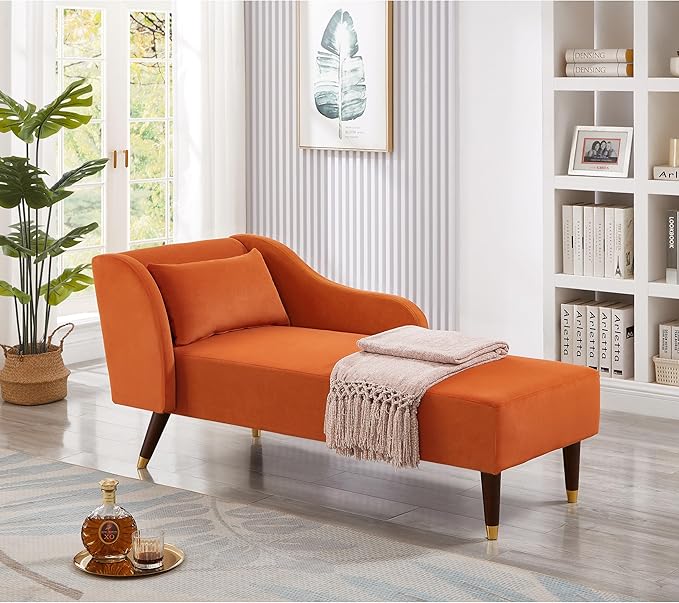 58 Modern Velvet Sofa Chaise with Tilted Backrest Comfortable Luxurious Lounge Chair with Curved Armrests Stylish Sofa Couch with Solid Wood Legs for Apartment Bedroom Living Room Orange