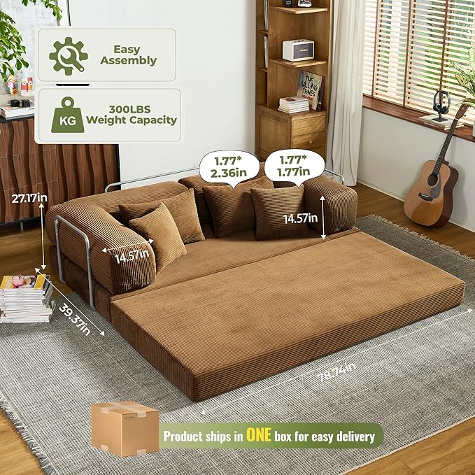 78 Inch Convertible Sofa Bed Corduroy Boneless Couch with Fixed Frame and 4 Pillows Modular Sectional Couch for Living Room Bedroom Studio Floor Bed Loveseat Sofa (Brown)