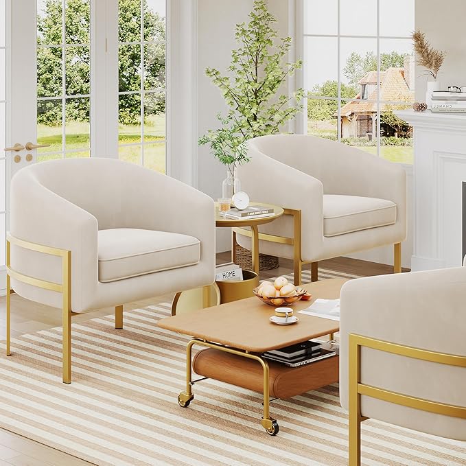 ALISH Barrel Accent Chairs Upholstered Living Room Chairs Modern ArmChairs with Metal Frame for Bedroom Living Room (Ivy 2 PCS)