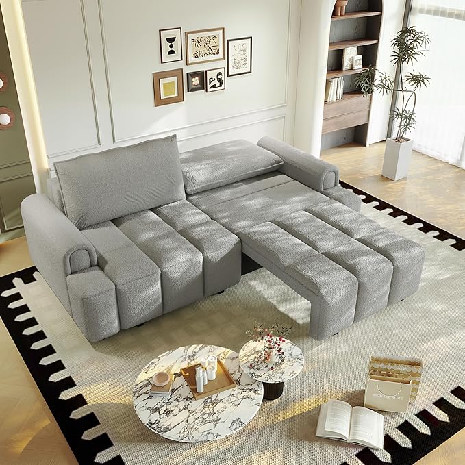 KEIKI 90.2 Space-Saving Convertible Sofa Bed – 3-in-1 Sleeper Couch with Deep Seats Storage Modern Teddy Fabric Sofa for Apartment Small Spaces Studio Living Multifunctional Sofa Bed with Wheels