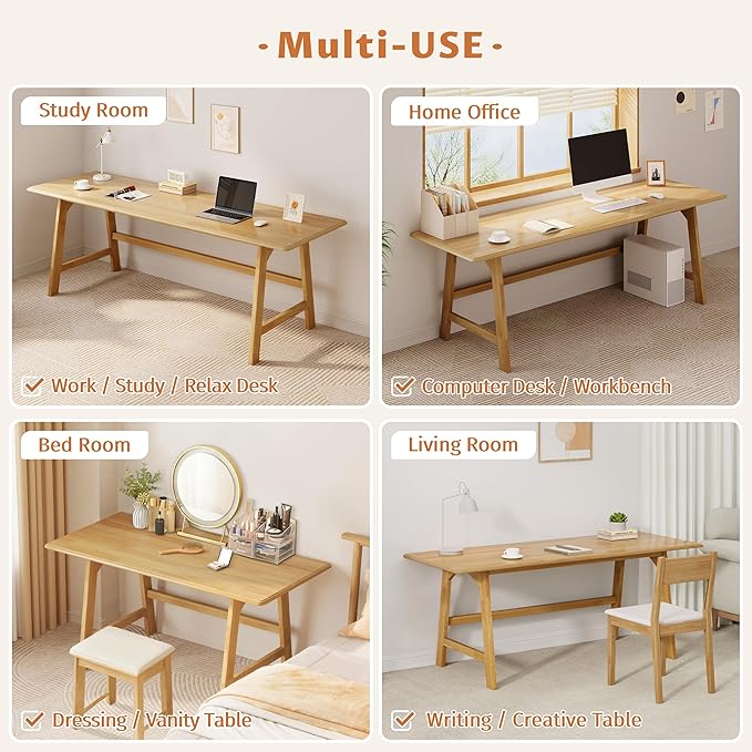 IOTXY Solid Wood Writing Table - 72 W x 24 D Minimalist Long Computer Desk for Home Office Work Study Creativity and PC Workstation Oak