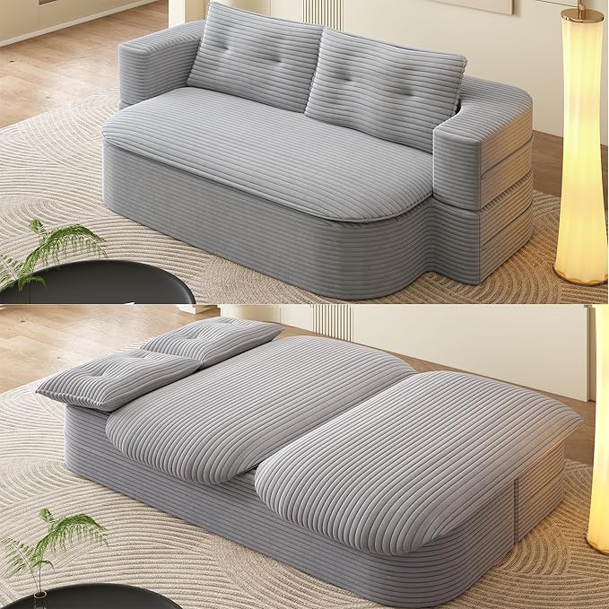 78.7 Convertible Sofa Bed 2-in-1 Folding Floor Couch with 2 Pillows and Blanket Plush Corduroy Fabric Sleeper Sofa for Living Room and Bedroom No Assembly Required (Light Grey)