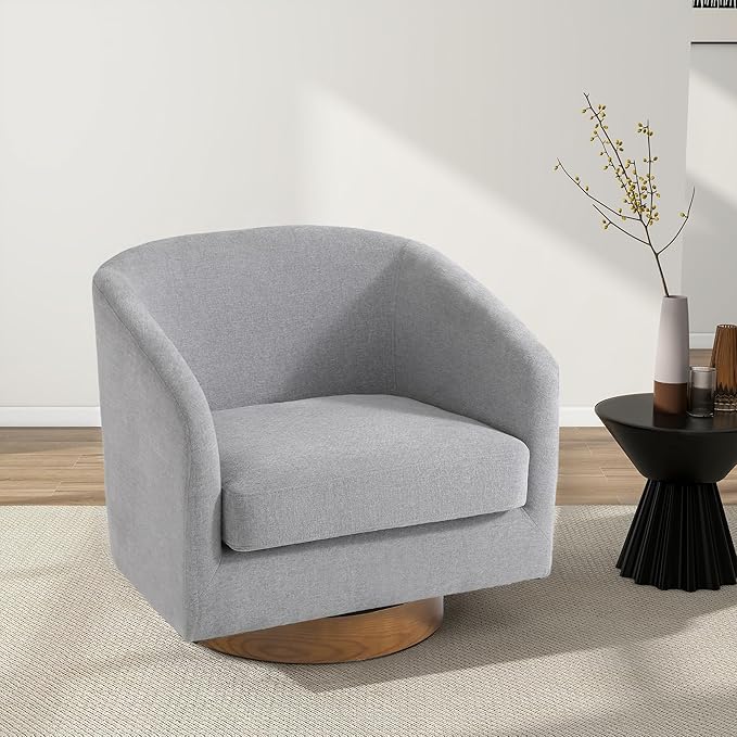 Swivel Barrel Chair Modern Round PU Leather Accent Armchair for Living Room Bedroom Oversized Comfy Club Reading Chairs for Adults (Chenille Light Grey Set of 2)