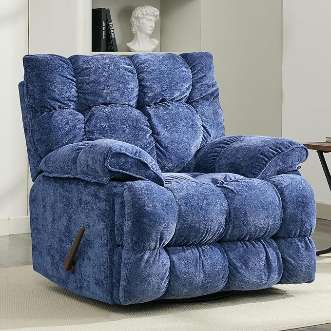 Oversized Recliner Chair Overstuffed Swivel Rocker with Extra Wide Seat &amp Breathable Fabric for Living Room (Manual Blue)