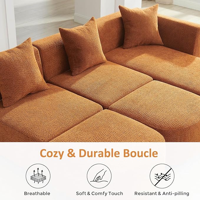 VANOMi 109.84 Modular Sectional Sofa with 3 Pillows Convertible 5-Seater Comfy Boucle Cloud Couch with Ottoman Modern Sectional Sofas for Living Room Office Apartment (Curry)