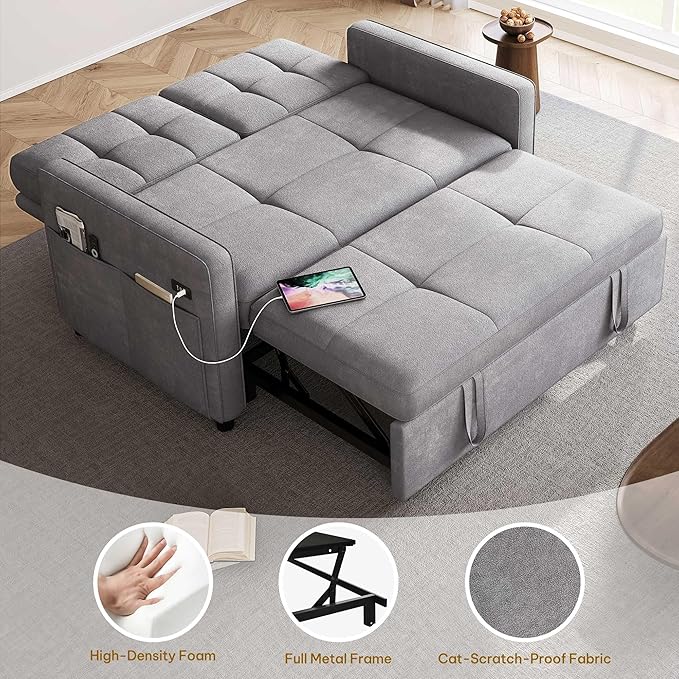 YITAHOME 55 Convertible Sofa Bed 3-in-1 Sleeper Sofa with Pull-Out Bed Cat-Scratch-Proof Futon Couch with 5-Levels Reclining Backrest USB and Side Pocket Modern Loveseat for Living Room Grey
