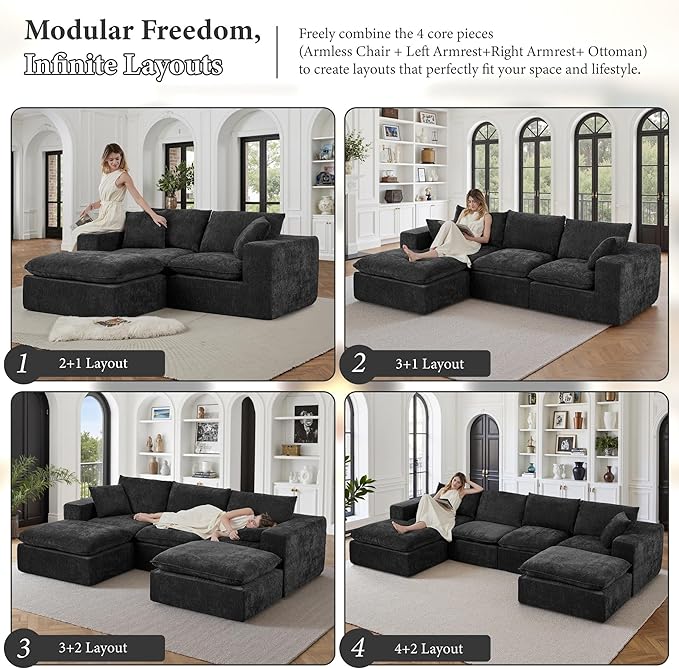 110 Sectional Couches for Living Room Boneless Couch Upholstered Cloud Couch Sectional Modular Sectional Sofa with L Shaped (Chenille-Black 3 Seat+2 Ottoman)