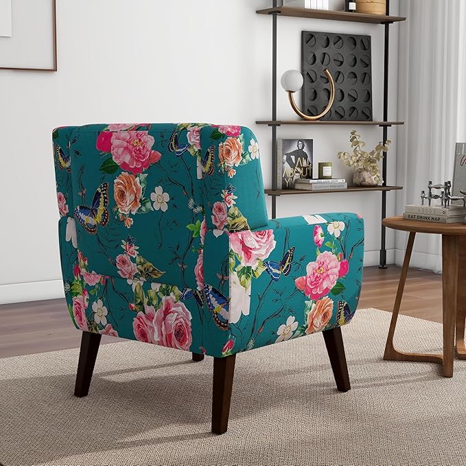 Accent Chair Modern Linen Blend Arm Chair for Living Room Bedroom Comfy High-Resilient Sponge Reading Chair for Small Spaces (Pattern Floral Blue Set of 1)