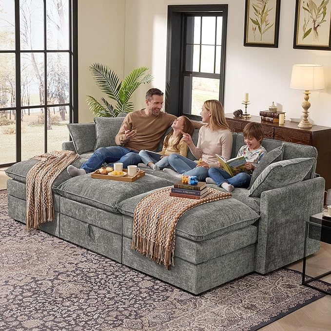 Ihanherry Oversized Sectional Sofa Bed with Storage 103 6-Seater Modular Cloud Couch with Movable Ottomans Chenille Deep Seat Sleeper Couches for Living Room (Grey)