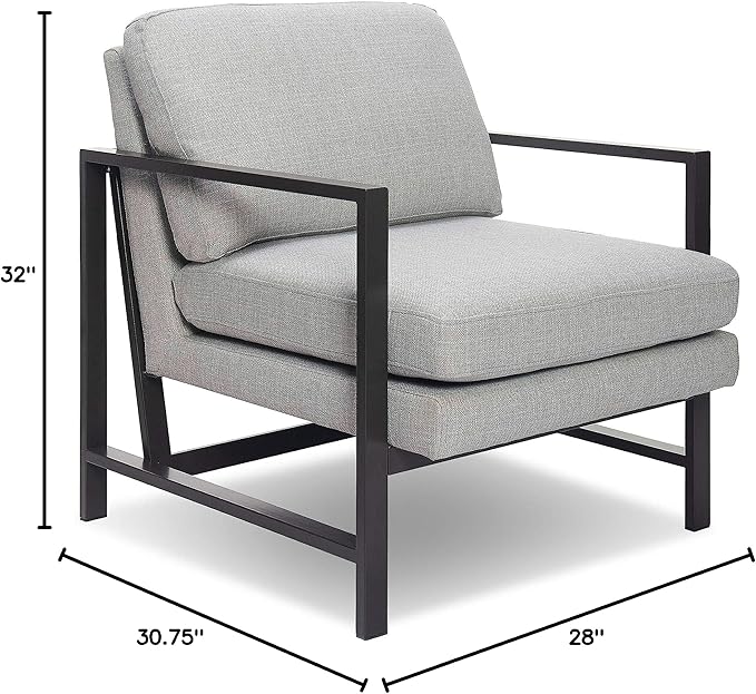 Tommy Hilfiger Russell AccentChair Medium-Soft Pillow Back Mid-Century Modern &amp Industrial Armchair Comfortable LoungeChair for Living Room Bedroom or Office Gray Square Metal Frame in Light