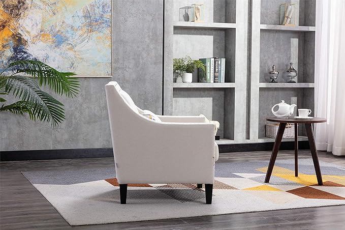 Accent Armchair Living Room Chair with Nailheads and Solid Wood Legs Beige Linen