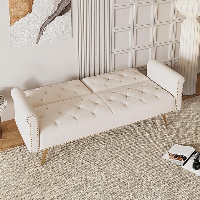 Stylish Velvet Sofa 70 Sofa Sleeper Convertible with Matching Pillows for Living RoomApartmentSmall Spaces (Beige)