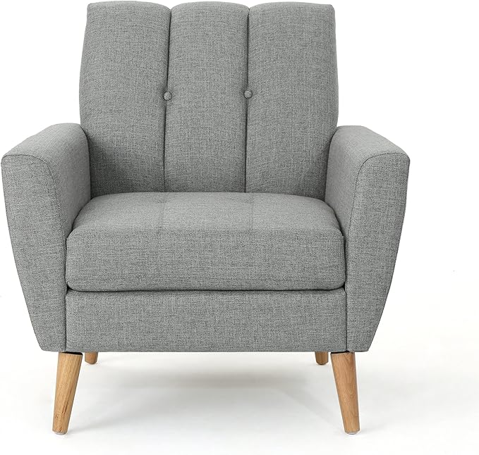 Christopher Knight Home Azjzi Mid-Century Club Chair Button Tufted Back Upholstered Fabric Accent Chair with Rubberwood Legs Living Room Armchair 33.5 High Gray
