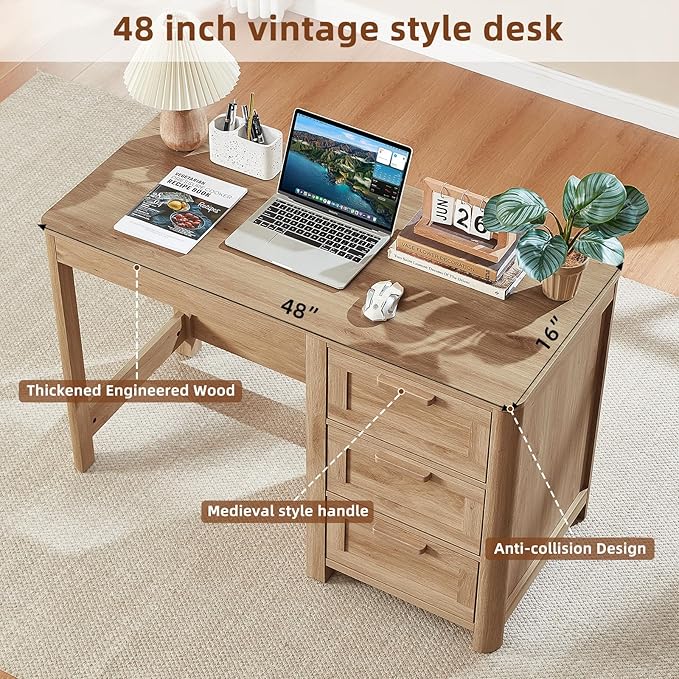 Office Desk 48 with 3 Drawers Storage File Cabinet Wood Farmhouse Desk for Computer Office Bedroom Home Furniture Natural