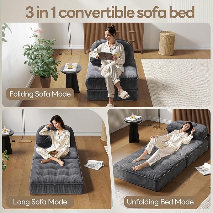Dowinx Folding Sofa Bed with Pillow Small Convertible Comfy Couch Bed for Adults Home Lounge and Gaming Modern Comfortable Design for Apartment Living Room Bedroom Ribbed Velvet Gray