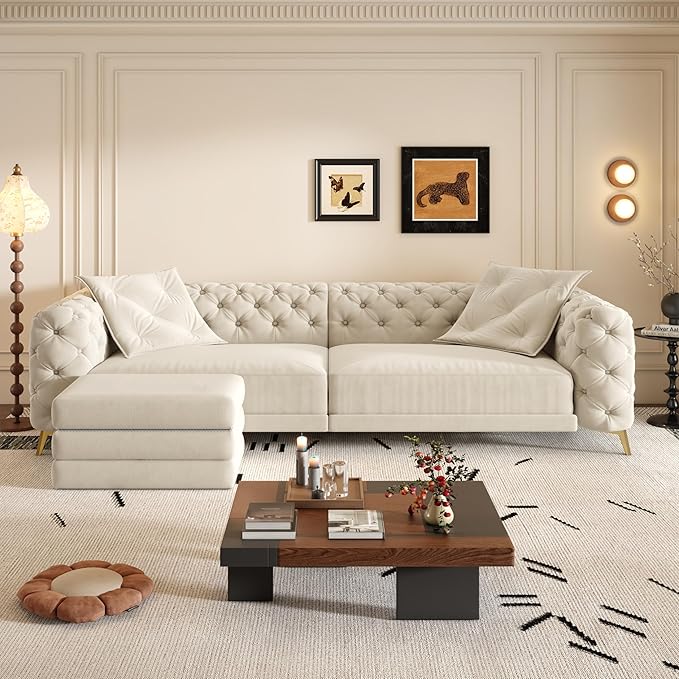 Ball &amp Cast 3-in-1 Convertible Sleeper Sofa with Movable Ottoman97.7 Velvet Pull Out Sofa Bed Modern Button Tufted 4-Seater Sofa Couch with Deep Seat for Living Room ApartmentOfficeBeige