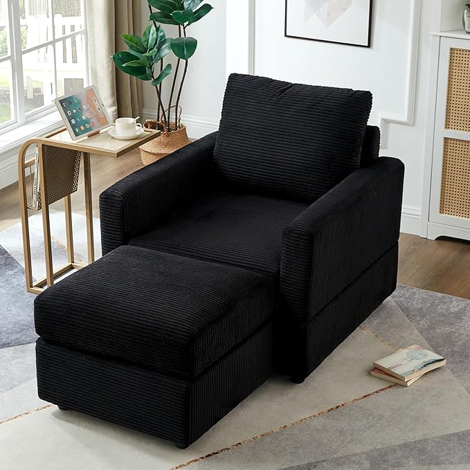 Aoiy &amp Wifon Accent Chair with Ottoman Upholstered Reading Chair with Ottoman Comfy Armchair with Wooden Legs Corduroy Black