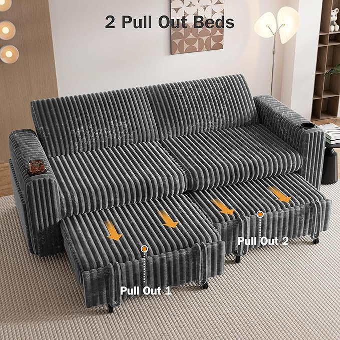 Sunny Heart 91 Plush Corduroy L Shaped Sectional Sleeper Sofa Bed with Pull Out Bed Reclining Backrest Reversible Storage Chaise USB Ports Cup Holders Tool Free Assembly Darke Grey