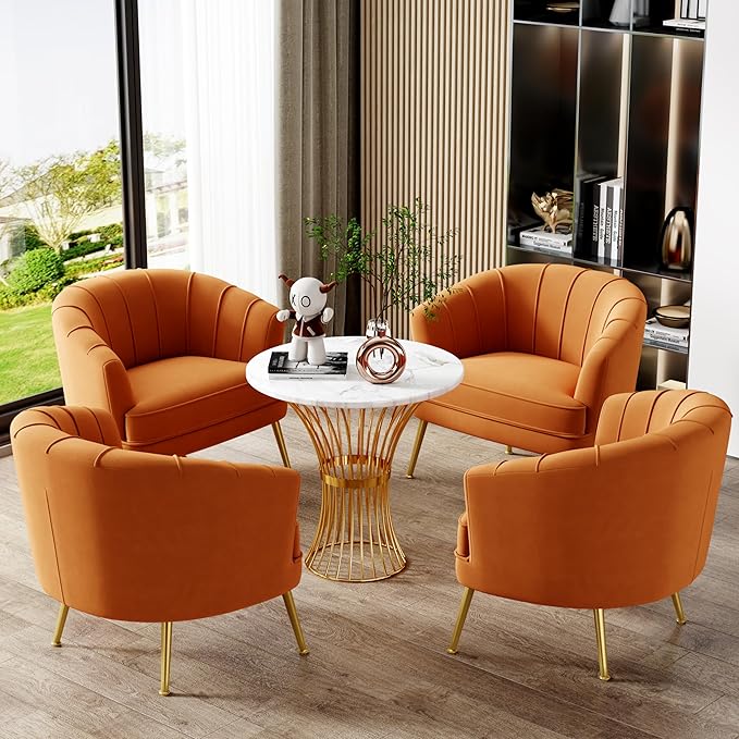 Velvet Accent Chairs for Living Room Bedroom Office Leisure Upholstered Single Sofa Chair Arm Chair Comfy Chair Reading Club Coffee Chair with Metal Legs Orange