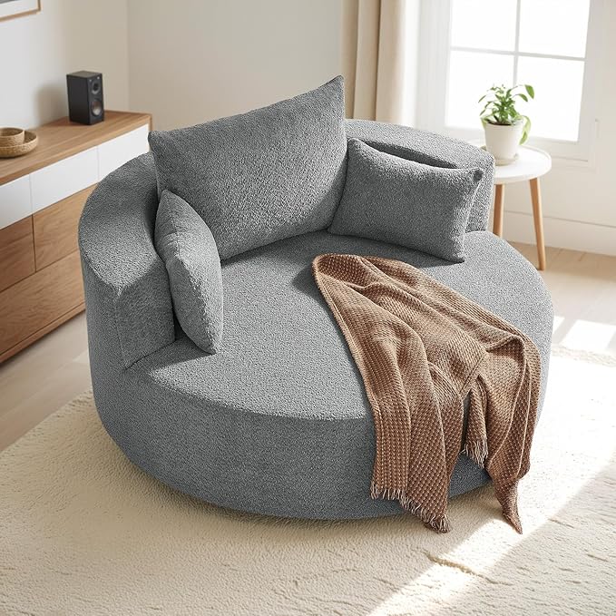 Antetek 360-Degree Swivel Accent Chair Oversized Modern Comfy Chenille Round Swivel Chaise Lounge Sofa Chair with Backrest Cushion &amp 2 Throw Pillows for Living Room Bedroom Office Gray