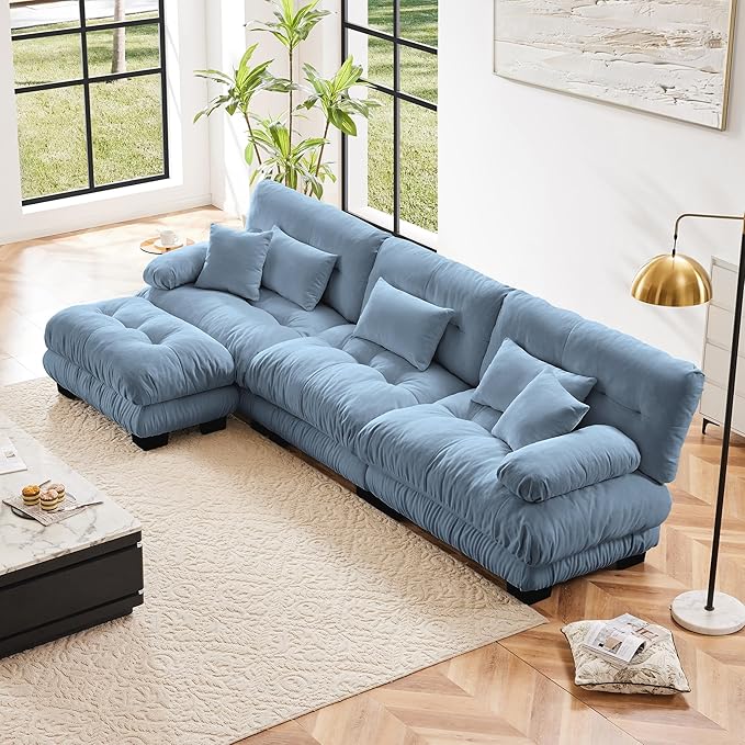 Modular Sectional Sofa Comfy Sofa with Ottoman Cloud Couch 3 Seater Couch for Living Room Modern L Shaped Sleeper Deep Seat with 5 Pillows Chenille Blue