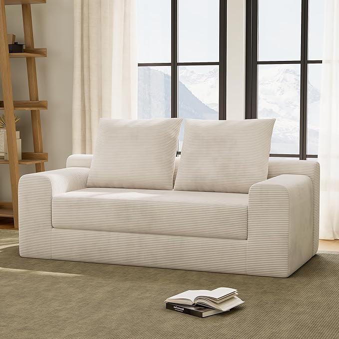 Modern Loveseat Sofa for Living Room 71 Cofy 3-Seater Couch Pull Out Sofa Bed with 2 Pillows Corduroy Boneless Convertible Couch for Small Space Apartment Beige