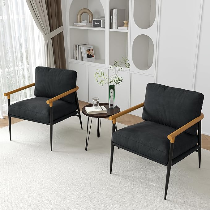 UIXE Metal Armchair Chenille Accent Chair for Living Room Modern Reading Arm Chair with Thicken Cushion - Black Set of 2