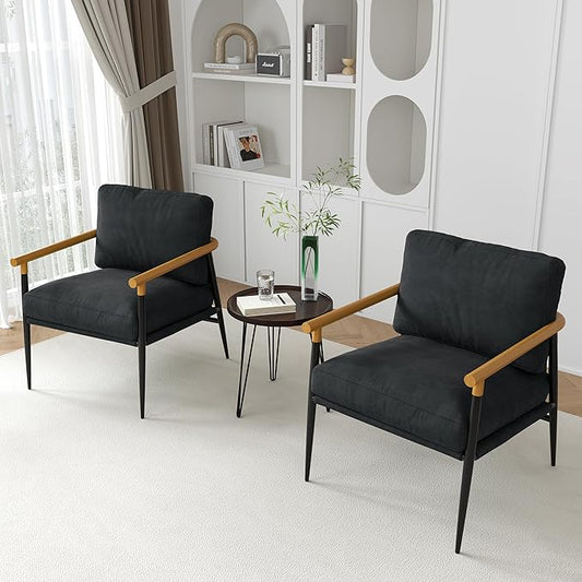 UIXE Metal Armchair Chenille Accent Chair for Living Room Modern Reading Arm Chair with Thicken Cushion - Black Set of 2