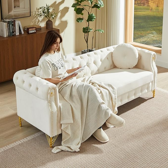 KEIKI 82 inch Chesterfield Sofa Retro Style Upholstered 3 Seat Velvet Couch with Rolled Arm for Living Room Bedroom Office Apartment Beige