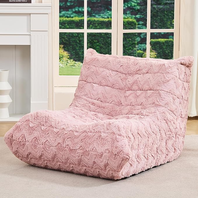 Bean Bag Chairs for Adults Giant Bean Bag Chair Memory Foam BeanBag Chair Bean Bag Sofa with Filler Faux Fur Fireside Beanbags Lazy Sofa for Living Room Bedroom Office (Pink Chevron Single)